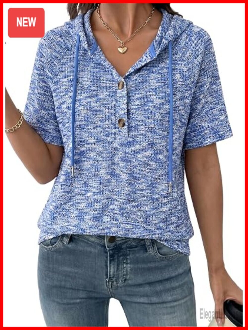 Waffle Knit Button V Neck Short Sleeve Hoodie Drawstring Top